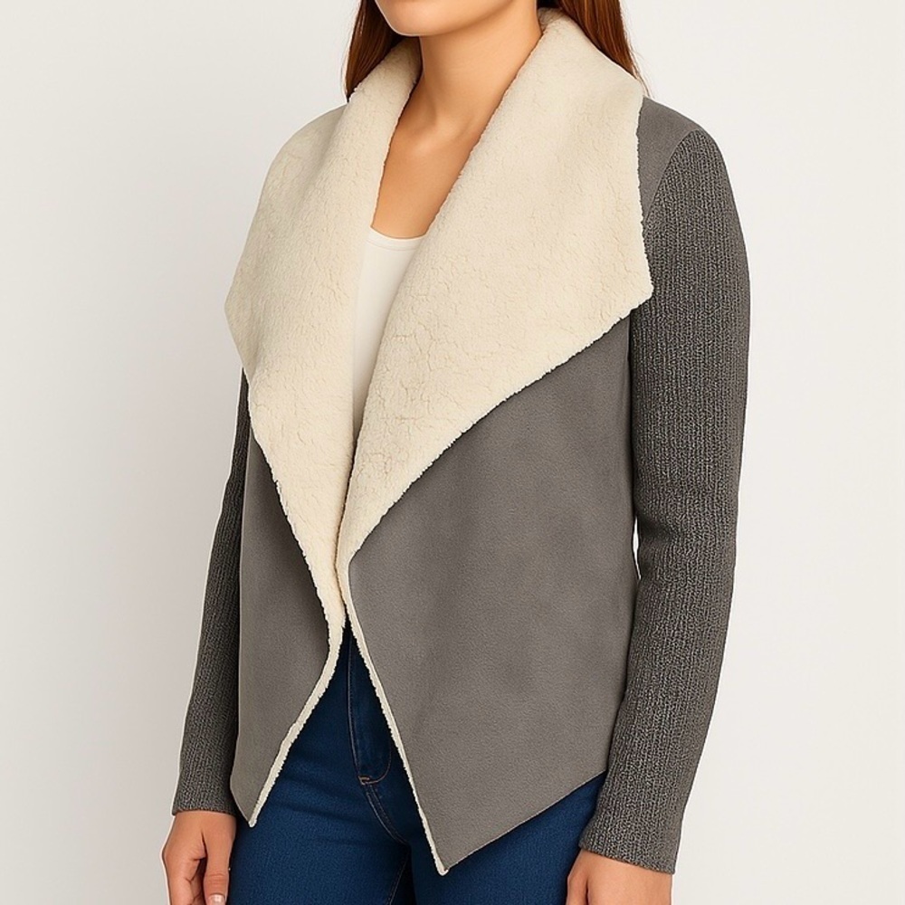 RW&Co Sweater Jacket Faux Fur Suede Coatigan Waterfall Shawl Collar Cream Grey M